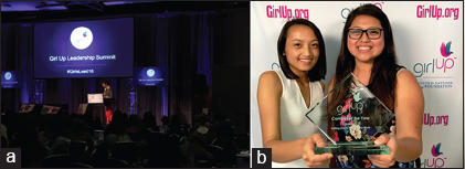 Photos from Girl Up Leadership Summit and Girl Up (https://girlup.org/). (a) UN Deputy High Commissioner for Human Rights, Kate Gilmore, presents “My Hope for the Future” at the Summit, (b) Wellesley College Girl Up Campus Leaders Janel Mendoza (left) and Rocío Ortega (right) receive the award for “Campus of the Year”