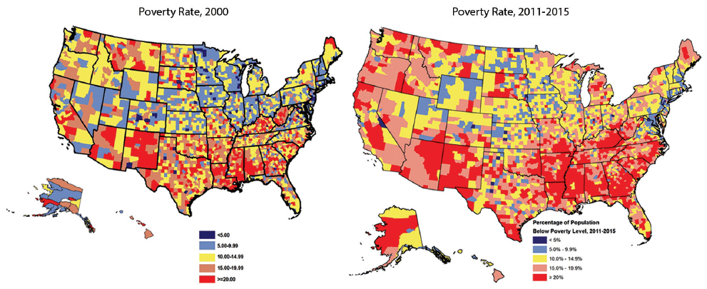 Percentage of Population Below the Federal Poverty Level, United States, 2000 and 2011-2015 (3,143 Counties) Source: Data derived from the 2000 Census and 2011-2015 American Community Survey.