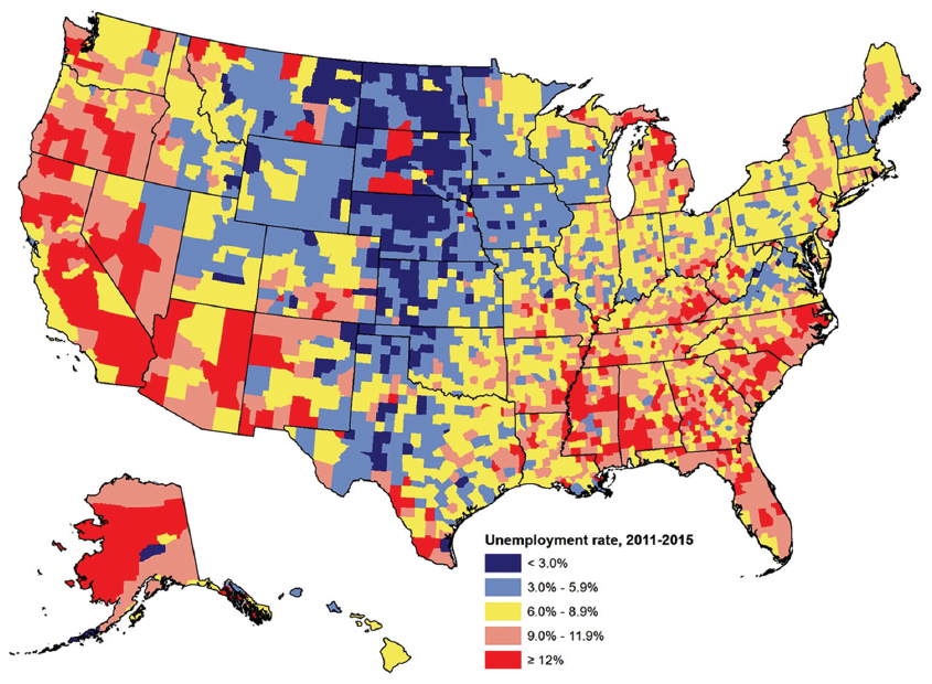 Unemployment Rate (Percentage of Civilian Labor Force that is Unemployed), United States, 2011-2015 (3,143 Counties) Source: Data derived from the 2011-2015 American Community Survey.