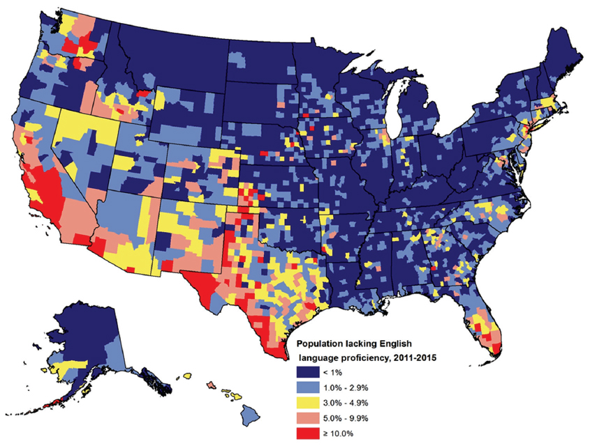 Population Lacking English Language Proficiency (Percentage of Population Aged 5 Years and Older Speaking English Not Well or Not At All), United States, 2011-2015 (3,143 Counties) Source: Data derived from the 2011-2015 American Community Survey.