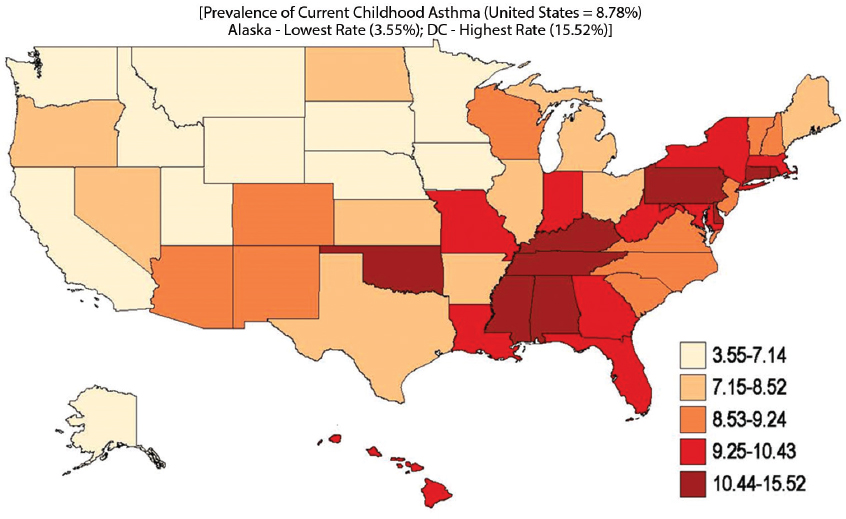 State Variation in Prevalence of Current Asthma among US Children and Adolescents Aged Under 18 Years, 2011-2012 National Survey of Children’s Health.