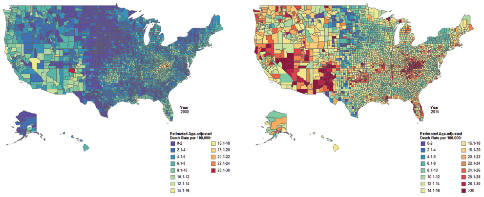Estimated Age-Adjusted Drug Overdose Mortality Rates per 100,000 Population by County, United States, 2000 and 2015 Source: CDC/NCHS, National Vital Statistics System.
