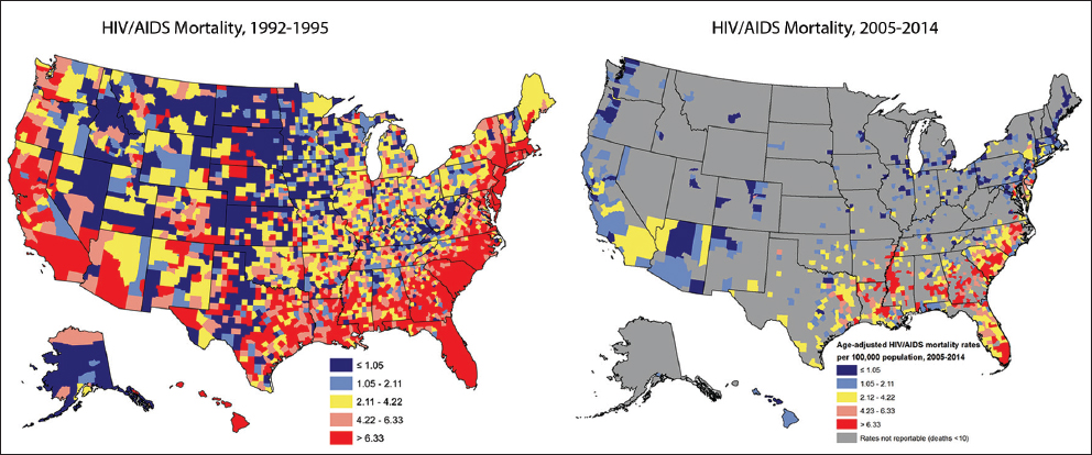 Age-adjusted HIV/AIDS Mortality Rates per 100,000 Population, United States, 1992-2014 (3,143 Counties) Source: Singh GK, Azuine RE, Siahpush M. Widening Socioeconomic, Racial, and Geographic Disparities in HIV/AIDS Mortality in the United States, 1987-2011. Advances in Preventive Medicine. 2013. DOI: 10.1155/2013/657961. Updated data derived from the US National Vital Statistics System.