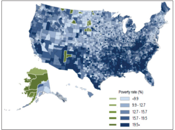 Percentage of Population Below the Federal Poverty Level, All 3,143 US Counties and 28 American Indian and Alaska Native (AI/AN) Counties, 2015–2019 Source: Data derived from the 2015–2019 American Community Survey. AI/AN counties (shown in green) are defined as those counties in which AI/ANs make up at least 50% of the population. These counties are located in Alaska, Arizona, Montana, New Mexico, North Dakota, South Dakota, and Wisconsin.