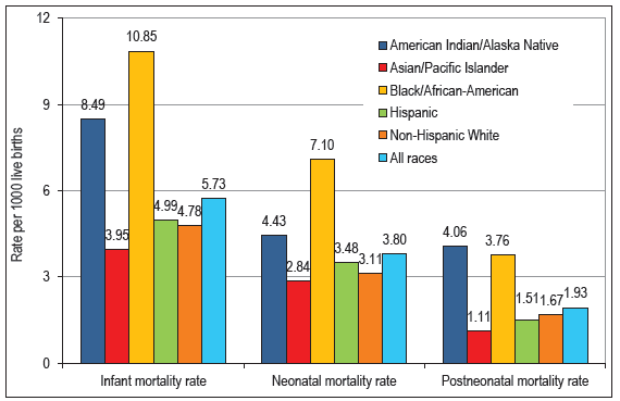 Infant, Neonatal, and Postneonatal Mortality Rates per 1000 Live Births, By Race/Ethnicity, United States, 2016–2019 (N = 15,340,627 Live Births and 87,922 Infant Deaths) Source: Data derived from the 2016–2019 Period Linked Birth and Infant Death Files.