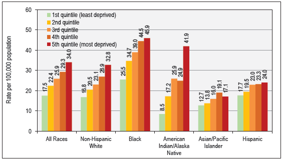 Child and Adolescent (1–19 Years) Mortality by Race/Ethnicity and Area Deprivation Index, United States, 2016–2020 Source: Data derived from the 2016–2020 National Vital Statistics System.