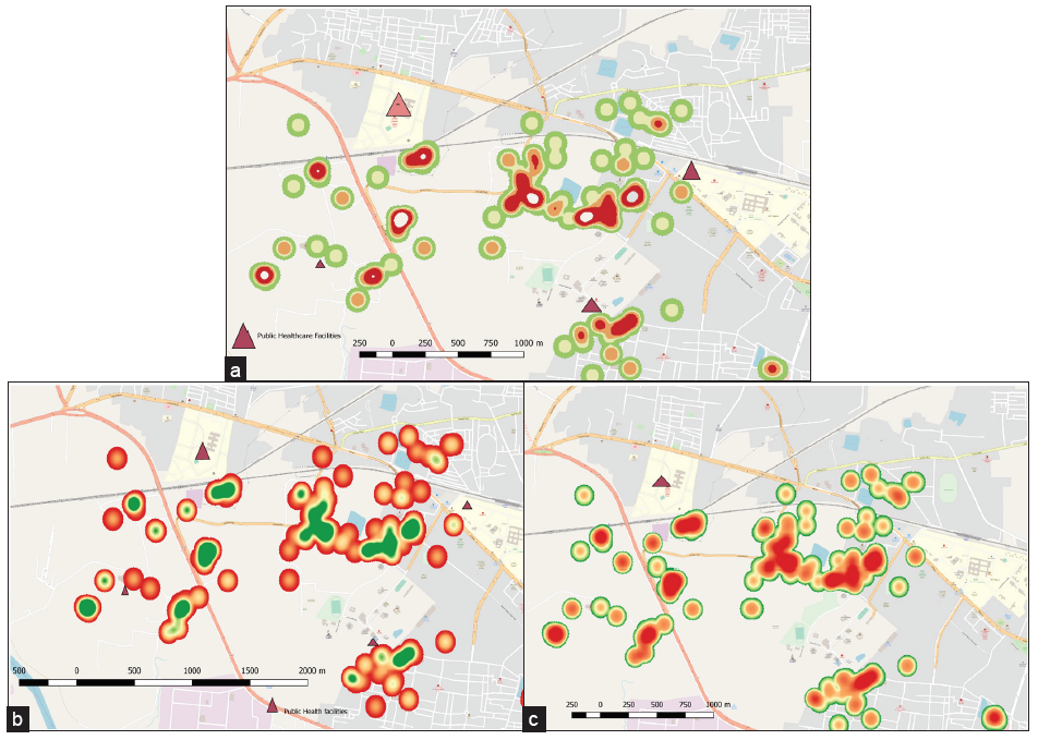 The heat maps showing spatial distribution of fever and cold cases among (a) children under five, (b) mothers as decisionmakers, and (c) private physician consultations. (a) Triangle: Public multispecialty hospital, Red area: Cluster houses with equal or more than two fever and cold cases, Green area: Houses without fever cases or less than two fever cases or without cold cases. (b) Triangle: Public multispecialty hospital, Red area: Cluster houses with mothers as decision makers, Green area: Houses with family members other than mothers as decision makers. (c) Triangle: Public multispecialty hospital, Red area: Cluster houses that consulted private healthcare facility, Green area: Houses that consulted public healthcare facilities.